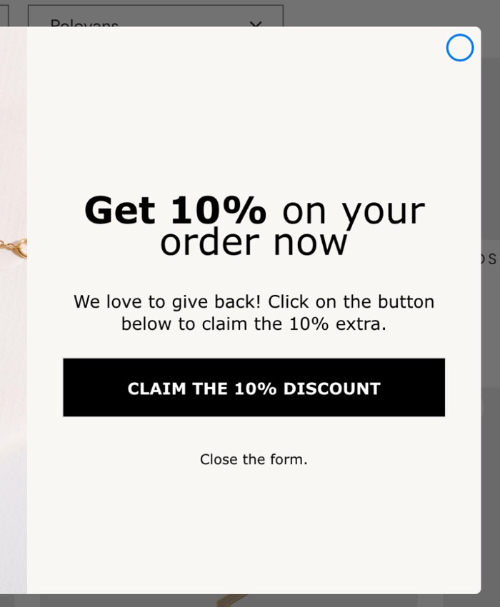 Eksempel på en velplaceret popup på en dansk webshop